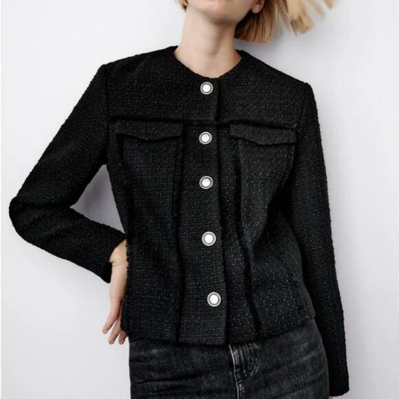 NWT Zara Structured Tweed Wool Blend Blazer Black Gold Buttons Size XS - Picture 10 of 10